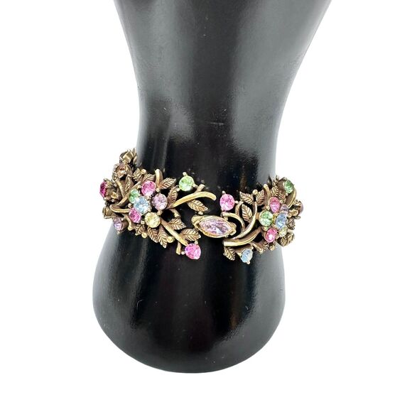 Vintage Set Signed CORO Bracelet 7" & Earrings Antique Gold Tone Rhinestones - Picture 5 of 16